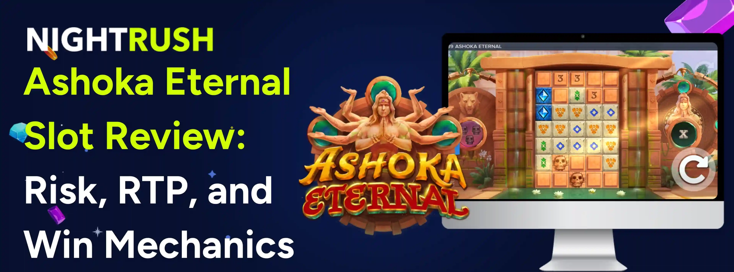 NightRush Ashoka Eternal slot review banner featuring game logo, a slot gameplay screen on a desktop monitor, and bold text about RTP, risk, and win mechanics.