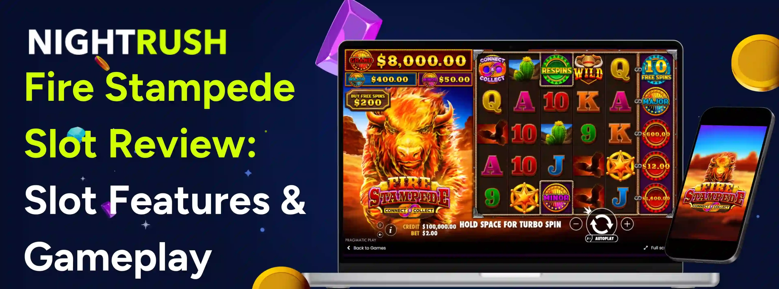 Fire Stampede Slot Reviews: Slot Features & Gameplay with the Fire Stampede on a laptop and phone.