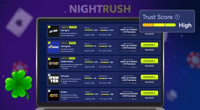 A trust score, a clover next to a casino list on a laptop against a blue background.