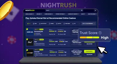 Laptop with casino list on Nightrush, trust score, a coin and a cursor against a dark background.