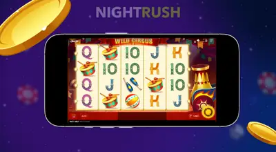 A phone with the Wild Circus slot and two coins against a starry background.