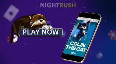 Play now button with a cat and Colin the Cat slot image on a phone against a starry background.