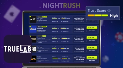 Nightrush list with trust score and TrueLab logo on a starry background.