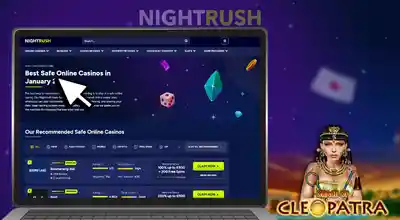 The Grace of Cleopatra slot is displayed with a safe casino list on a laptop against a starry background.