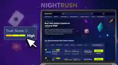 Safe online casinos on a laptop with a trust score and a cursor on a dark banner.