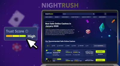 Safe casinos on a laptop with a trust score and a cursor against a purple background.