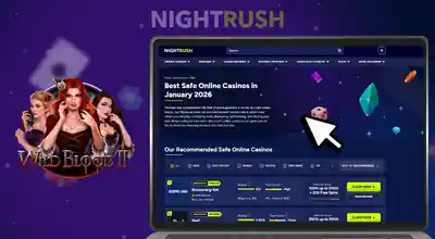 A laptop with safe casinos on Nightrush and a Wild Blood 2 slot image in a dark setting.