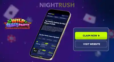 A phone with top mobile casinos, a Wild Beach Party symbol, and a claim button in a dark setting.