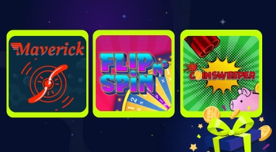 Maverick, Coinsweeper, and Flip'n Spin games with a gift box on a starry background.