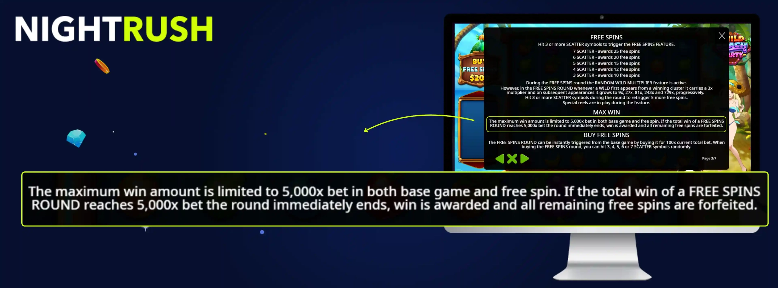 Wild Beach Party Slot’s Max Win Cap rule is displayed against a blue banner.
