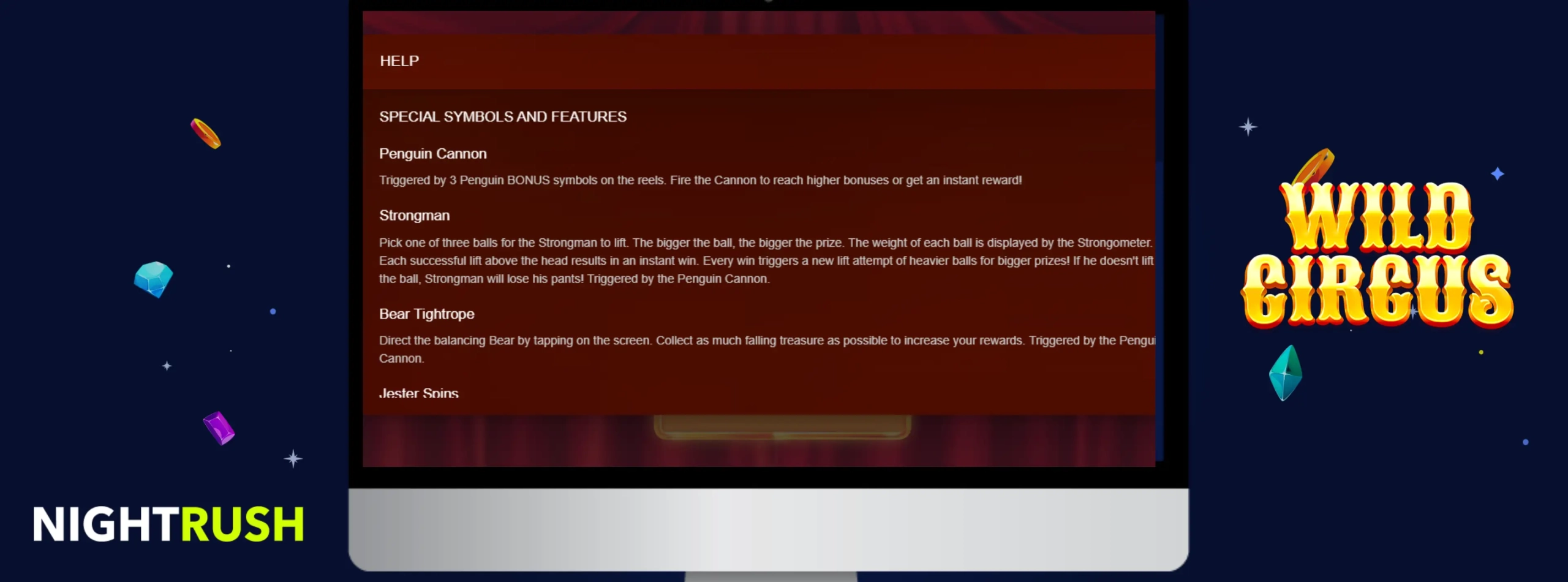Wild Circus rules on a screen with its and Nightrush logos against a blue banner.