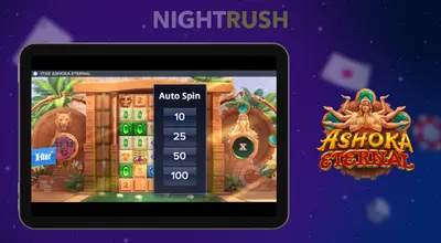 Tablet with Ashoka Eternal, and a slot symbol against a dark background.