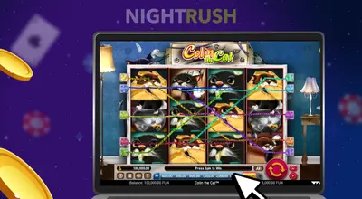 Colin the Cat slot gameplay on a laptop with a cursor and two coins against a starry background.