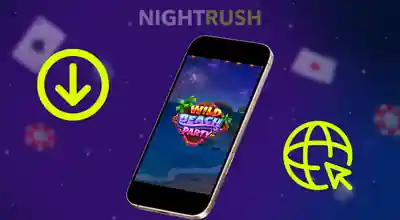 A phone with Wild Beach Party and browser and app symbols in a dark setting.