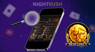 A phone with casino games, a magnifying glass and a Demi Gods V symbol next to it.