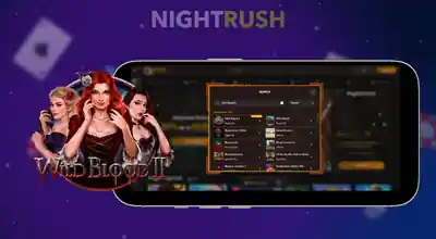 A phone with casino games and a Wild Blood 2 image in a dark setting.