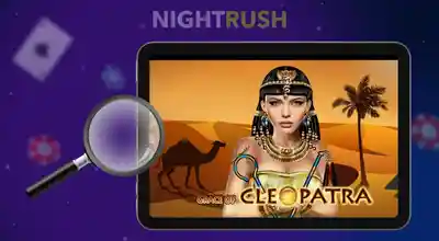 The Grace of Cleopatra slot is displayed on a tablet with a magnifying glass against a starry background.