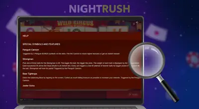 A laptop with the Wild Circus paytable and a magnifying glass against a starry background.