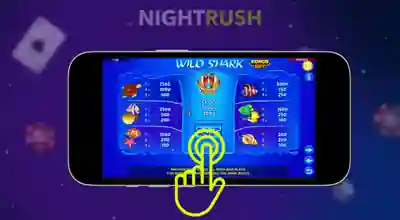 A phone is showing the Wild Shark Bonus Buy paytable with a cursor on a starry background.