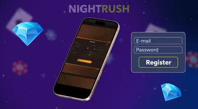 Registration on a phone with two gems and a register button against a purple background.