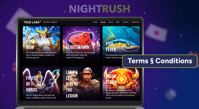TruLab games on a laptop, Terms and Conditions button on a starry background.