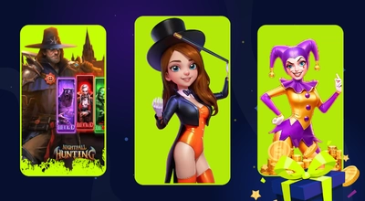 A hunter, a girl with a stick and a hat, and a joker with a gift box against a blue background.