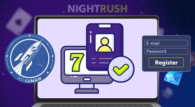 Registration button and image on a laptop with the AD LUNAM logo on a starry setting.