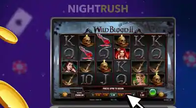 A laptop with Wild Blood 2 gameplay and two coins in a dark setting.