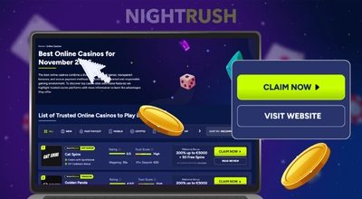 Claim now button, a cursor and two golds on a laptop on a starry background.