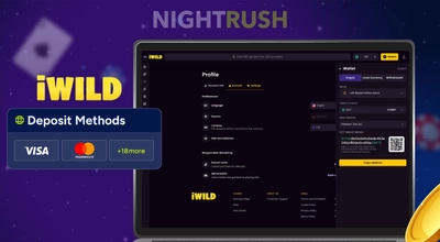iWild’s deposit page is displayed on a laptop with a deposit button against a starry background.