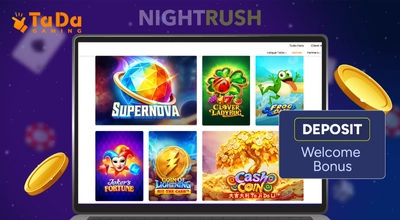 TaDa Gaming titles, logo and two golden chips with a deposit button against a blue background.