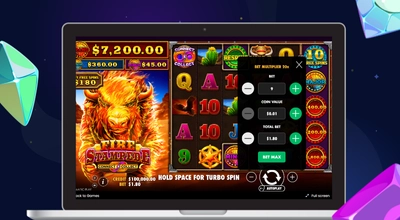 Fire Stampede bets and values on a laptop with casino items flying around.
