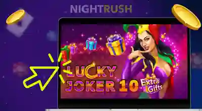 Lucky Joker 10 Extra Gifts on a laptop with two coins and a cursor on a dark banner.