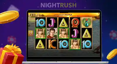 The Grace of Cleopatra slot displayed on a laptop with casino items against a starry background.