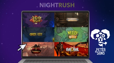 Selection of Peter & Sons games, the company logo, and a white cursor against a dark blue, starry background.