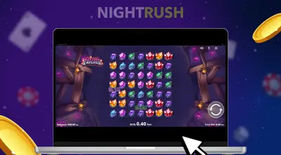 Crystal Catcher on a laptop with two coins and a cursor against a purple background.