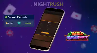 A phone with a register page, a deposit button and a Wild Beach Party symbol in a dark setting.