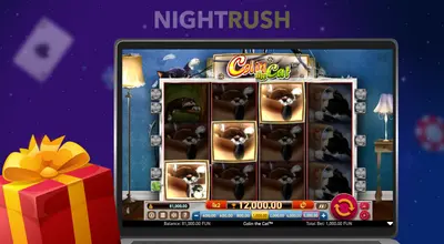 Colin the Cat slot gameplay on a laptop with a gift box against a starry background.