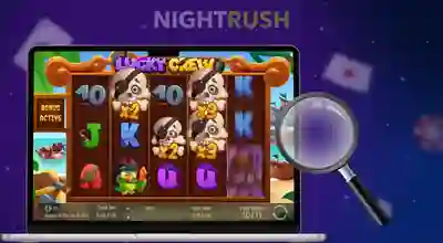 A laptop with Lucky Crew slot and a magnifying glass against a starry background.