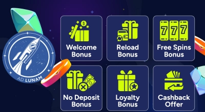 Casino bonuses and items with the AD LUNAM logo on a starry background.
