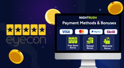 Eyecon logo with golden chips next to a screen with payment methods and bonuses.
