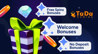 Several casino bonuses with a gift box and the TaDa Gaming logo against a blue background.