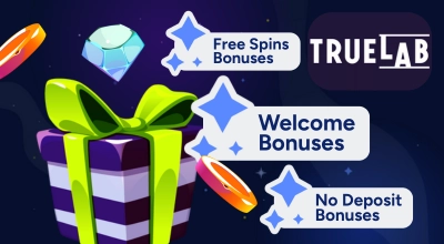A bunch of casino bonuses with the TrueLab logo on a starry background.