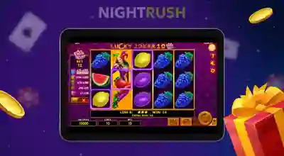 Lucky Joker 10 Extra Gifts on a tablet with two coins and a gift box on a dark banner.