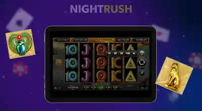 The Grace of Cleopatra autoplay is displayed on a tablet with its symbols against a starry background.