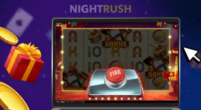 A laptop with the Wild Circus gameplay, two coins and a gift box against a starry background.