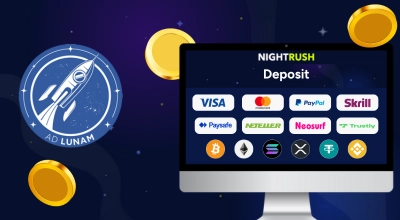 Deposit options on a screen with golden chips and the AD LUNAM logo on a starry setting.