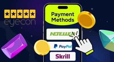 Payment methods on a phone with the Eyecon logo and casino items against a blue background.