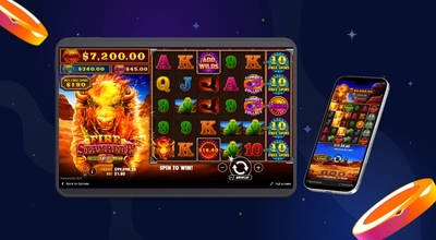 Fire Stampede on a tablet and a phone with casino coins flying around.