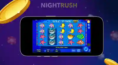 A phone is showing Wild Shark Bonus Buy gameplay with two coins on a starry background.